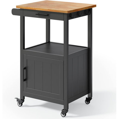 Kitchen Island Cart On Wheels With Drawer, Storage Cabinet, Shelf And Side Hook, Rolling Kitchen Cart With Rubber Wood Countertop, Microwaves Stand Fo