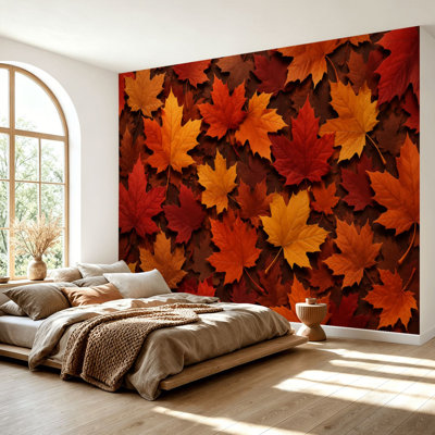 Papier peint adhésif peler et coller feuilles d'automne automne feuilles d'érable rouge chaud orange ton papier autocollant amovible pour décoration murale 69 po x l 96 po