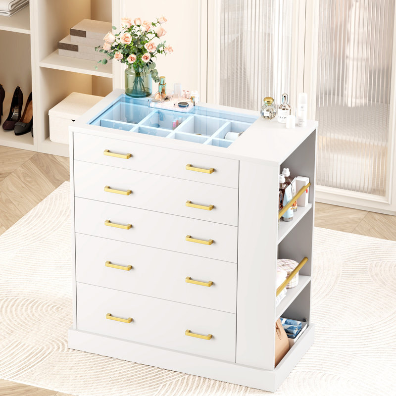 Commode moderne à 5 tiroirs avec lumières DEL et plateau en verre, commodes en bois à rangement latéral de l 31,71 po avec rangement pour bijoux, îlot de garde-robe pour la chambre à coucher, blanc