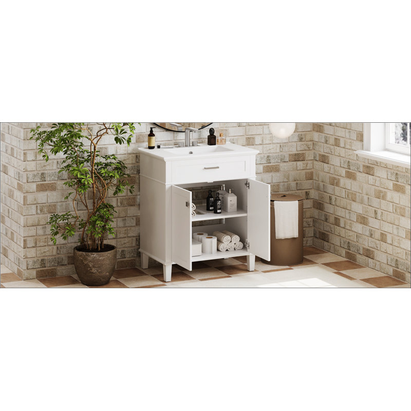 Meuble-lavabo de 30 po avec lavabo en céramique, porte à fermeture en douceur et tablettes réglables, Blanc, Argent argent