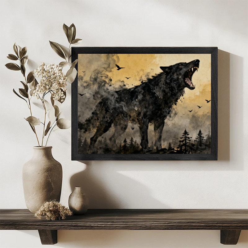 Art noir encadré noir, loups braves, H 9 po x l 11 po