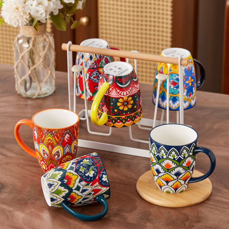 12oz Bohemian Colorful Ceramic Coffee Mugs Set of 6