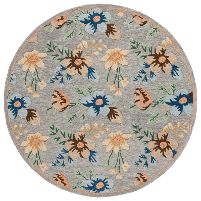 Tapis floral gris / bleu en laine / coton touffeté à la main Abbrielle, Rond 6 pi