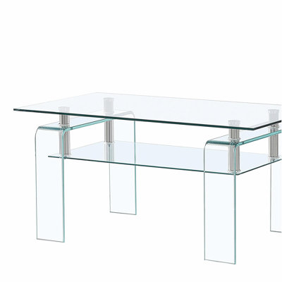 Table basse rectangulaire en verre transparent, table basse moderne en verre pour le salon, table basse avec rangement à 2 niveaux, table basse en verre trempé