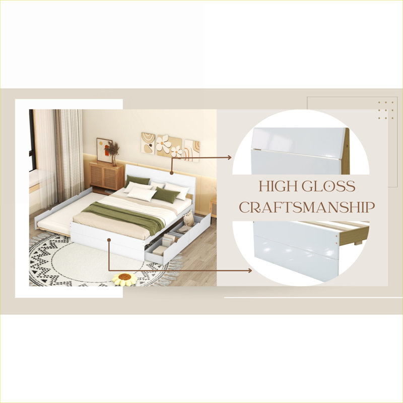 Lit plateforme double en bois massif blanc avec lit gigogne simple et deux tiroirs de rangement pour la chambre à coucher