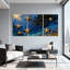 Étoiles d'or, ciel bleu, constellations, lune, vagues de l'océan, ensemble de 3 impressions sur toile-12383094