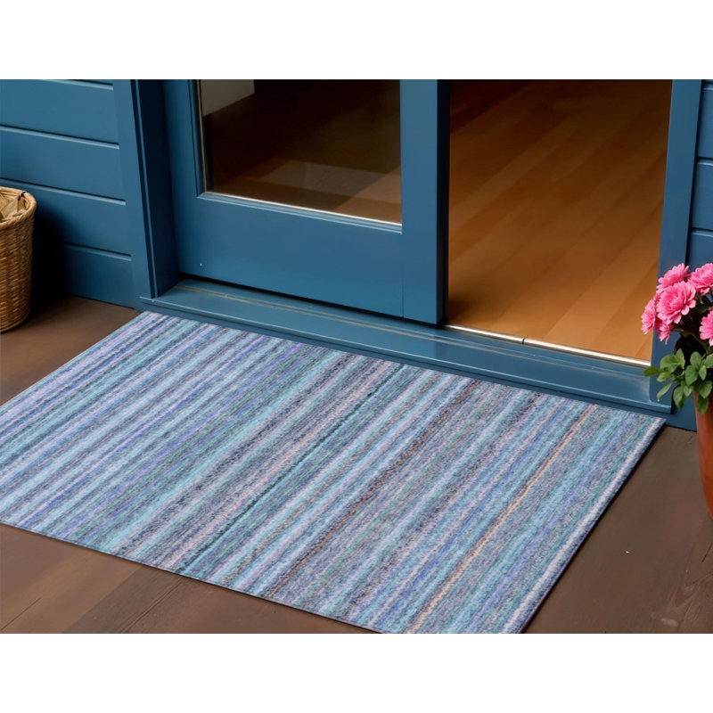 Tapis extérieur lavable rayé bleu ciel et bleu marine 3 pi x 5 pi
