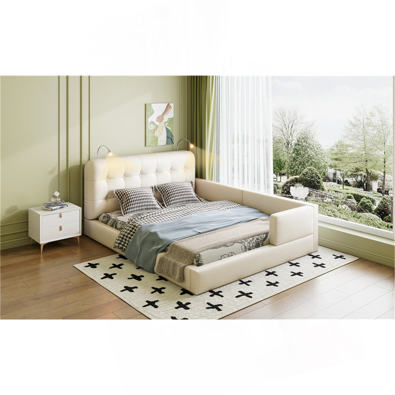 Grand lit plateforme tapissier avec 2 lampes de lecture, blanc