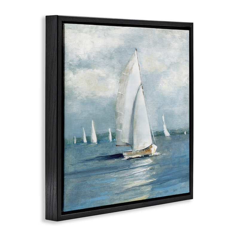 Voilier de croisière, paysage marin, Cadre flottant noir de jais, H 18 po x l 18 po