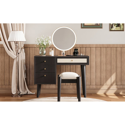 Table de maquillage 39 po en bois avec charge et 4 tiroirs, finition noire, fonction de tiroir de meuble-lavabo avec tabouret rembourré doux, noir, tendance