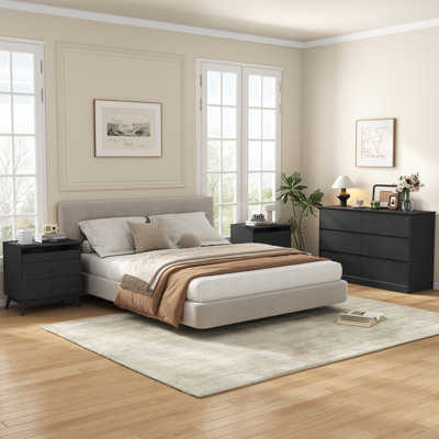 3-Piece Bedroom Set with 47.2" 6-Drawer Dresser and Two 3-Drawer Nightstands, Vintage Style with Charging Stations