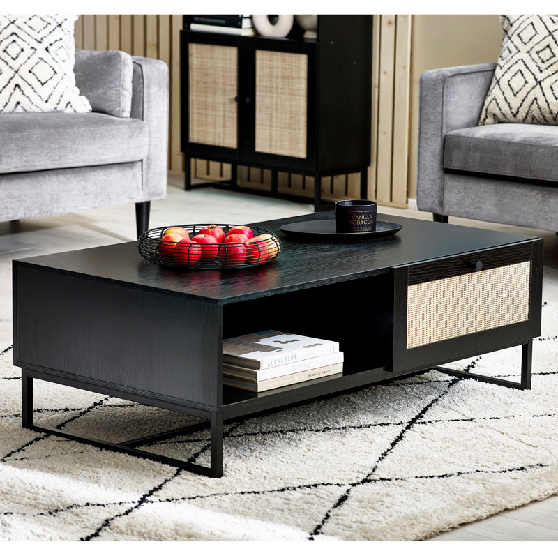 Reese Trestle Coffee Table with Storage, Black/Rattan