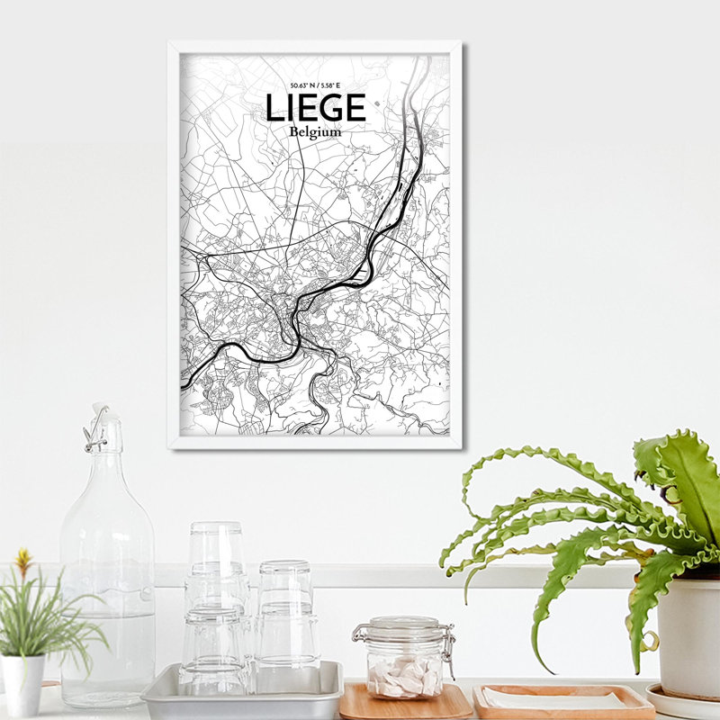«Liege City Map», impression, Noir / blanc, H 27,6 po x l 19,7 po