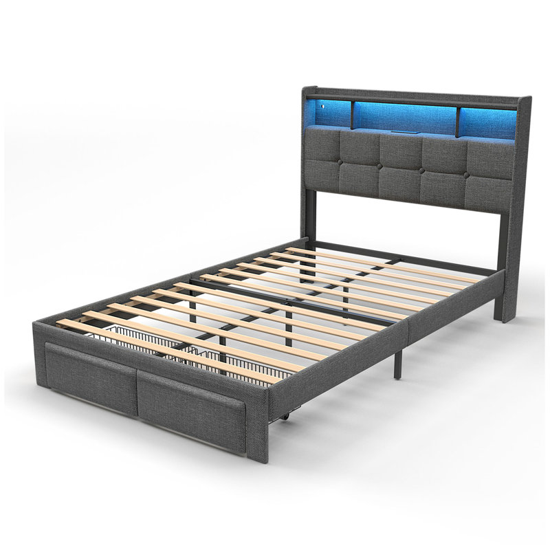 Upholstered Platform Bed With 2 Drawers,Storage Headboard With Charging Station And LED Light, Full, Dark Gray