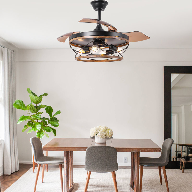 Ventilateur de plafond de style ferme noir de 42 pouces avec lumière et télécommande, moteur à courant continu réversible silencieux, ventilateur de plafond rétractable à 6 vitesses avec cage pour salon