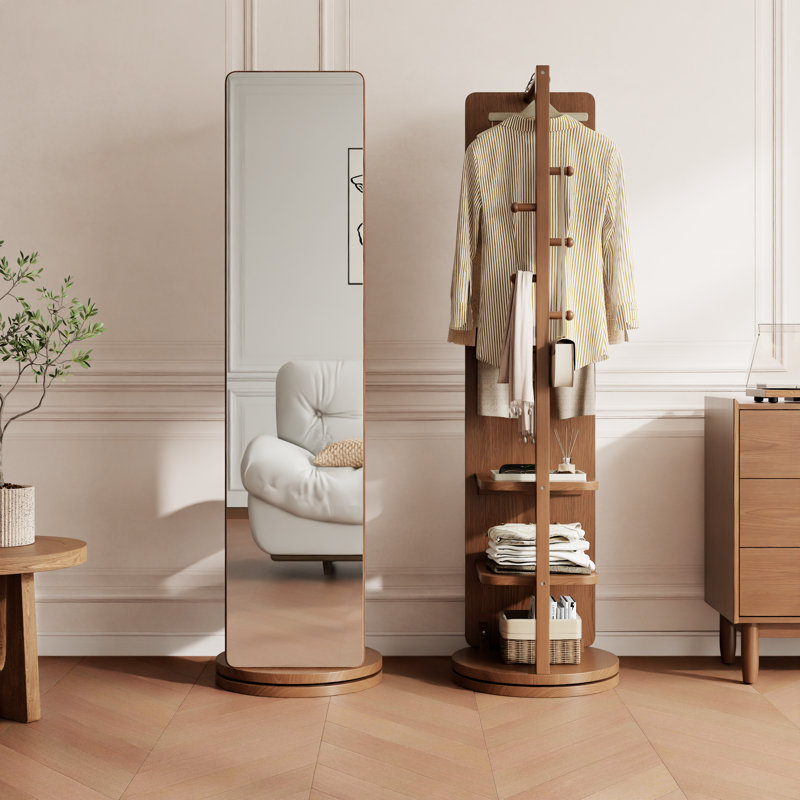Aevah Solid Wood Full Length Mirror with Coat Rack, Brown, Rotatable, 70'' H × 20'' W × 14.6'' D