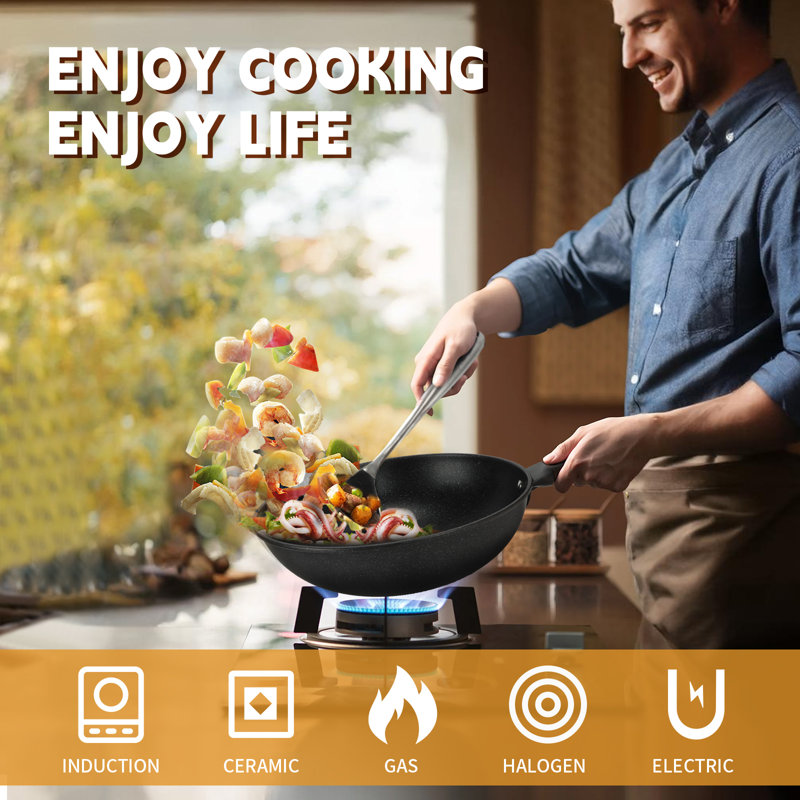 13'' Nonstick Black Wok with Lid and Steamer Basket