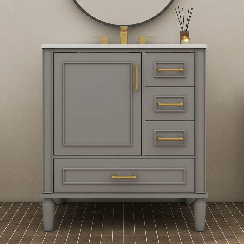 30 Inch Bathroom Vanity With Built-In Shelf, Deep Drawer, Standard Drawer And Long Divider Drawer, Gray