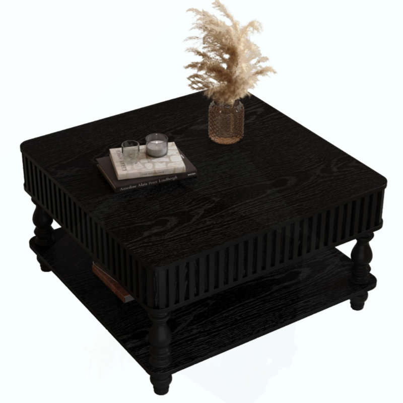 Table basse carrée à plateau relevable cannelé avec rangement caché et ouvert, mécanisme de levage hydraulique, pieds en bois massif rétro pour le salon, canapé (noir)