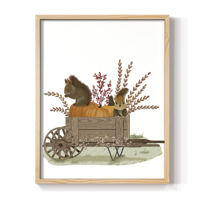 Squirrels In Pumpkin Wheelbarrow Framed Print - Solid Wood, 11" H x 9" W