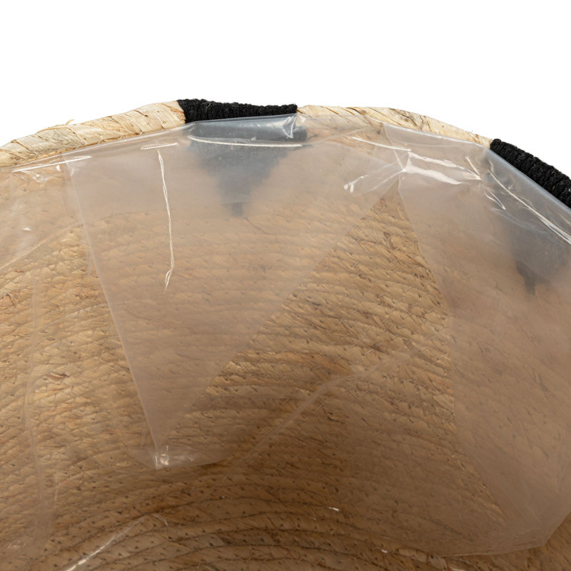 Round Handwoven Corn Leaf Basket Set of 2 with Plastic Liner, Natural with Black Accents