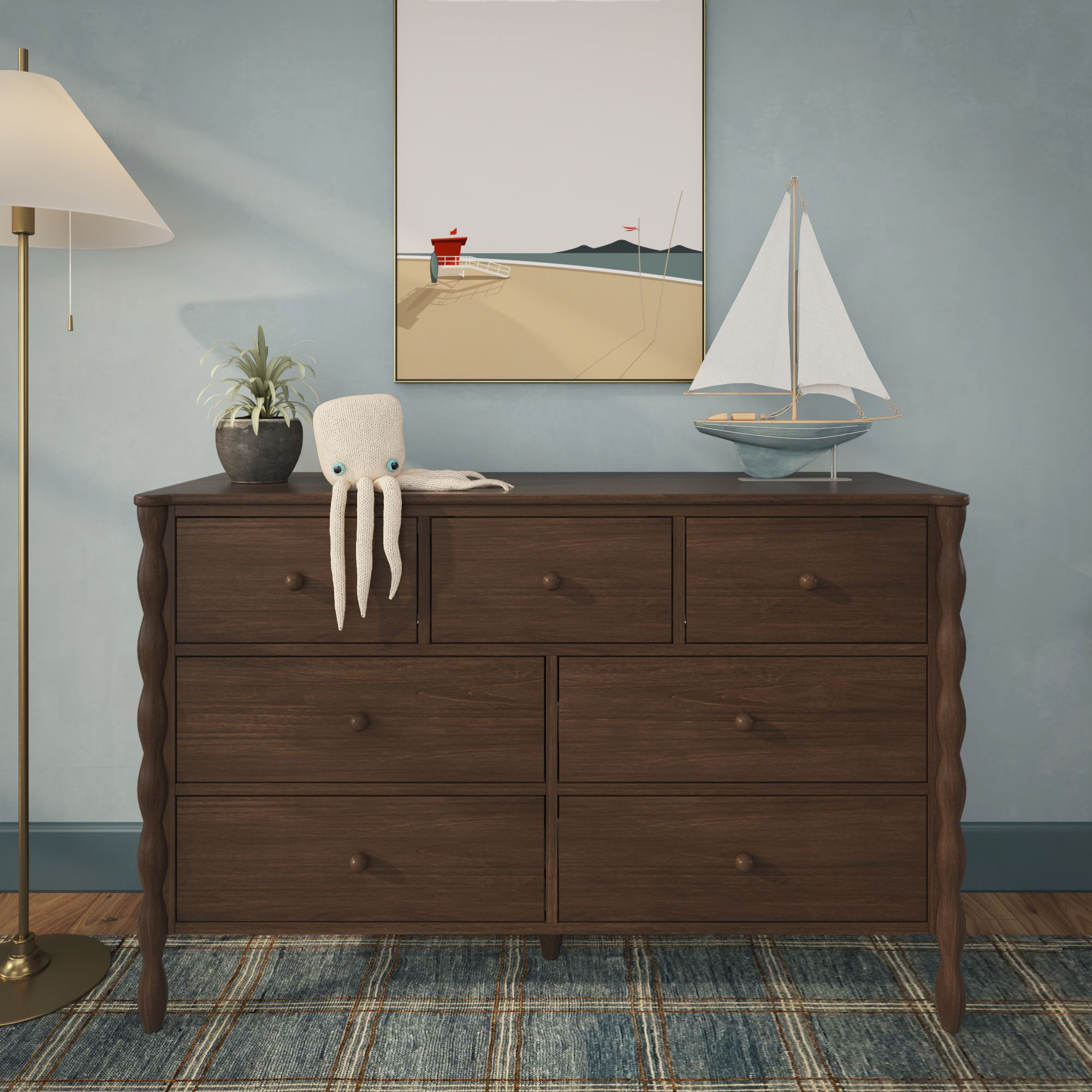 brown spindle dresser Jenny Lind 7-Drawer Harriet Bee Color: Walnut thumbnails:womens-encore Long Sleeve Plunge V SIZE::5T it can be styled