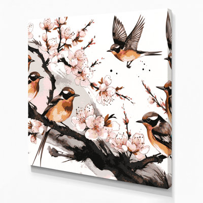 Oiseaux, art asiatique sur toile brun