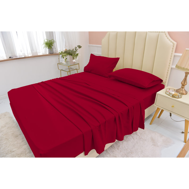  Ensemble de draps 1800 fils en rayonne de bambou, Rouge, Ensemble de draps pour taille de lit très grand c