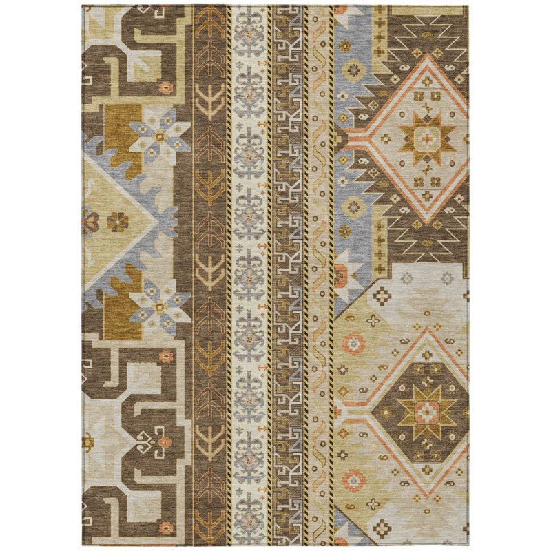 Tapis intérieur lavable 10 pi x 14 pi beige et ivoire aztèque brun