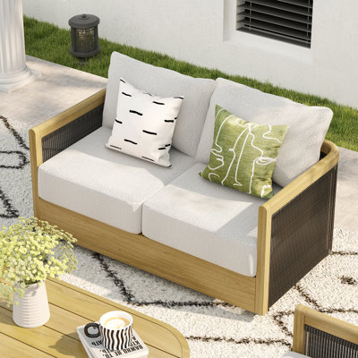Bludov 2-Person Natural Wood Grain Aluminum Hand-Woven Rope Patio Loveseat With Beige Cushions