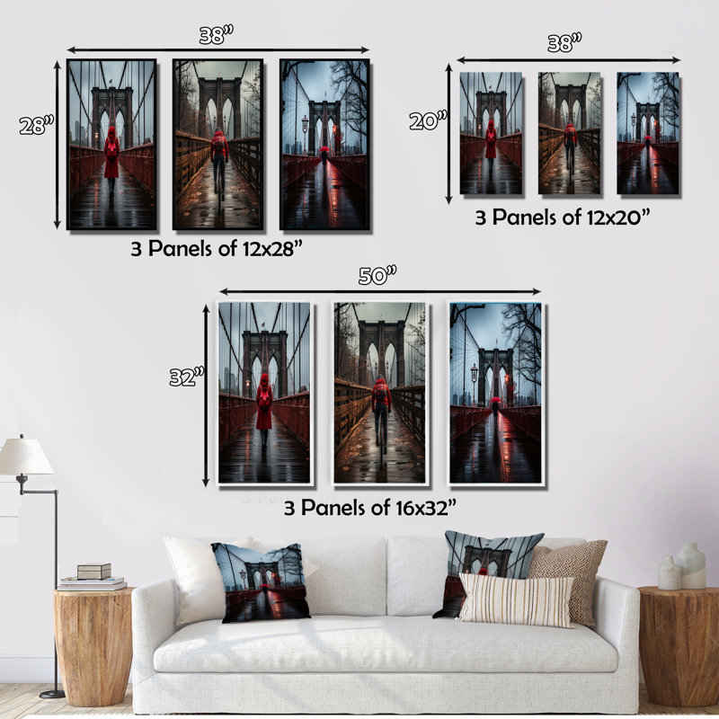 «Red Gray New York Brooklyn Bridge», 3 pièces sur toile, Toile tendue, H 28 po x l 36 po