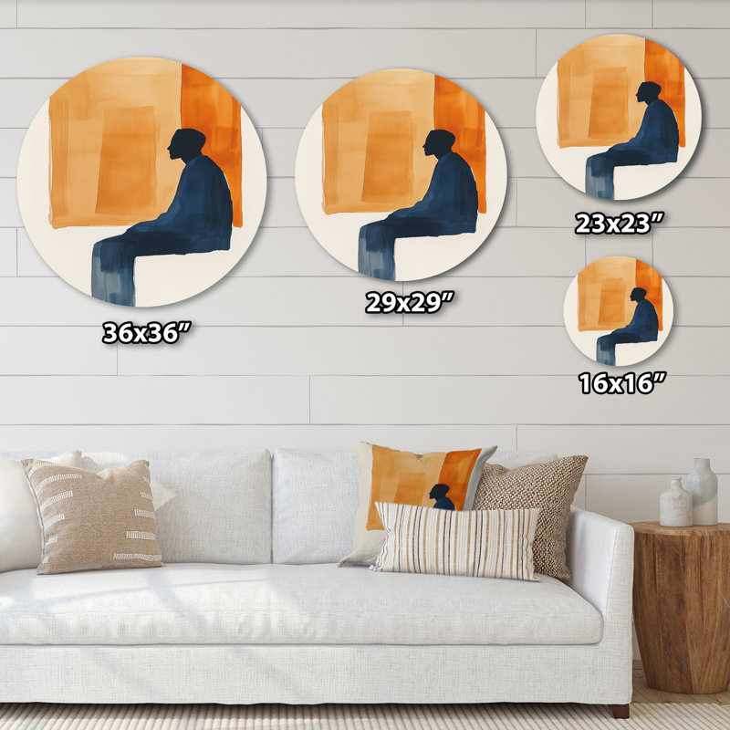 Reflet paisible en position assise - Affiche murale ronde en métal orange de style milieu du siècle, 29" H x 29" W