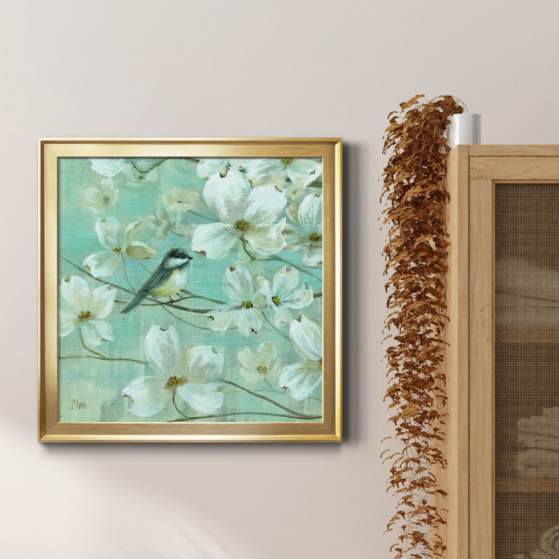 Mésanges et cornouiller - Détail I - Peinture sur toile encadrée, H 30,5 po x l 30,5 po x P 1,5 po, Toile encadrée dorée