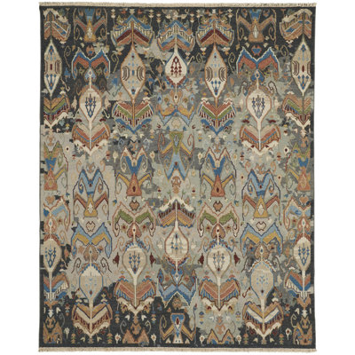 Tapis ikat en laine noué à la main Lindell en bleu / crème / gris