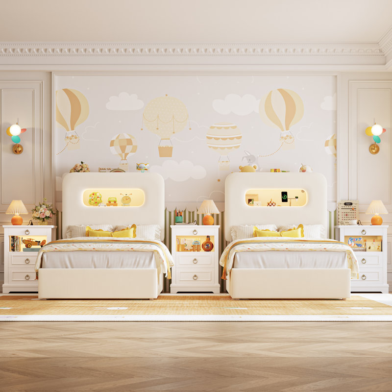 Ensemble de chambre à coucher lumineuse 3 pièces - Lit de rangement à DEL et commodes à DEL avec station de charge, Blanc