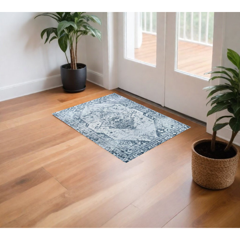 Tapis oriental délavé bleu gris 2 pi x 4 pi avec protection UV