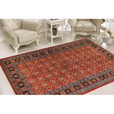Aala Geometric Handmade Hand-Knotted Rectangle 4'6" x 6'7" Wool Area Rug in Red/Blue