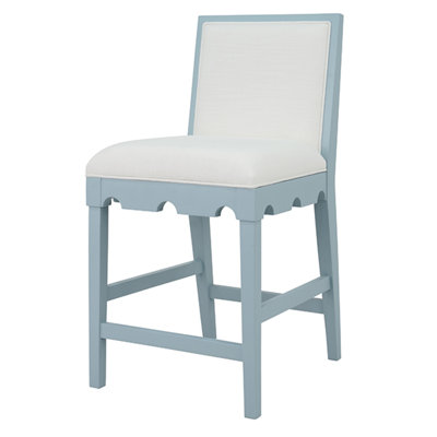 Square Back Counter Stool with Decorative Apron with Performance White Linen Upholstery