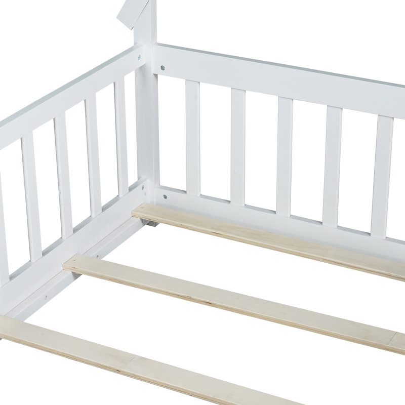 Tent-Shaped Floor Bed,Teepee Bed With Guardrails,Slats, Full, White