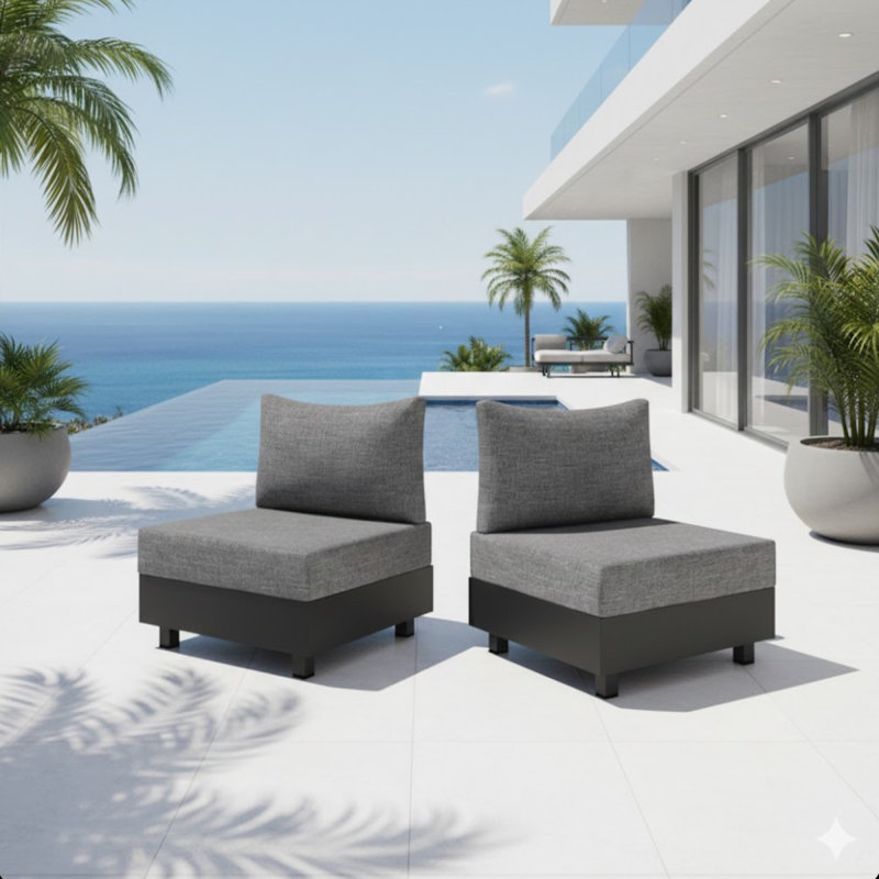 2-Piece Gray Aluminum Modular Armless Chairs For Pool Garden Balcony Porch (Set Of 2)