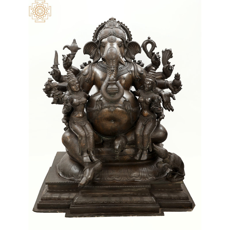 Super grand Maha Ganapati de 42 po avec Riddhi Siddhi - bronze à la cire perdue Madhuchista Vidhana Panchaloha, chef-d'œuvre Swamimalai, icône Ganesha Purana, décoration intérieure