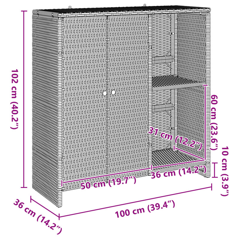  Armoire de rangement en rotin brun 100 x 36 x 102 cm