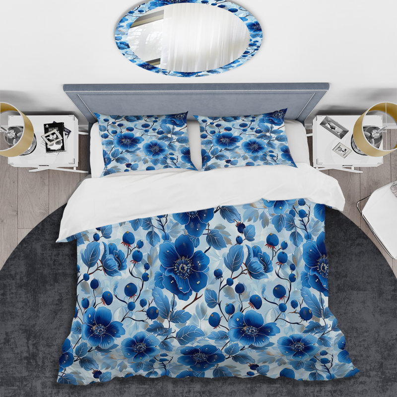 Ensemble de housse de couette Blue Silver Flower Gardens - Glam, Housse de couette simple + 2 taies décoratives st