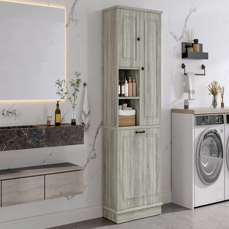 Tall Storage Cabinet With Adjustable Shelves, Large Flip-Out Basket And Enclosed Cabinets – Perfect For Bathroom, Living Room, Or Office, Mdf Material With Aluminum Alloy Handles