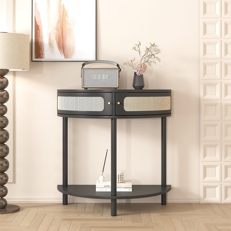 Table de bout style demi-cercle avec rangement et structure, idéale pour les éléments décoratifs en bois, placement polyvalent dans la maison