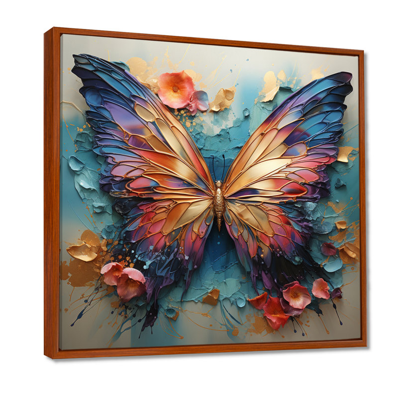 Orange et bleu, papillon métallique - art mural papillon, Brun, H 30 po x l 30 po x P 1 po, Reproduction avec cadre flottant