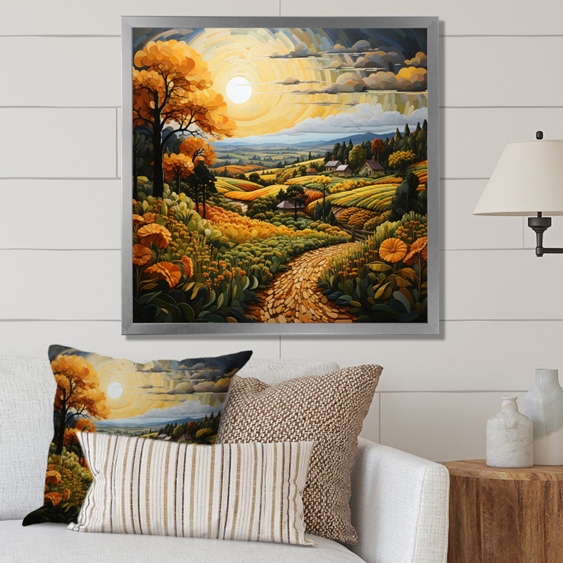 Farm Harvest Symphony Pointillism I - impression, Cadre simple argenté, H 30 po x l 30 po x P 1 po