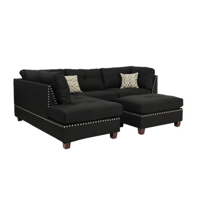 Reversible Polyfiber Sectional Sofa with Ottoman, Black