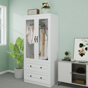 Armoire garde-robe à 2 portes avec 2 tiroirs, garde-robe avec garde-robe penderie, garde-robe en bois pour grand rangement, armoires de chambre à coucher et armoires blanches