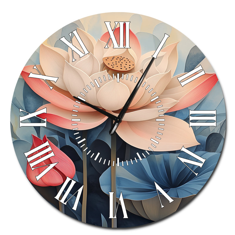 Lotus en douce floraison - Horloge murale ronde silencieuse en métal à motif floral, Surdimensionné